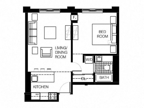 a floor plan of a small house with a kitchen and a living room
